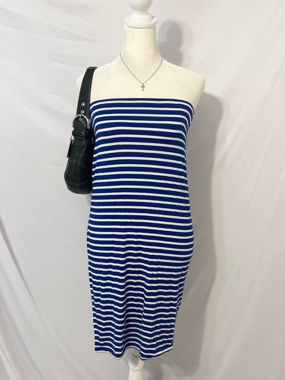 Blue and White Striped Strapless Boho Sundress